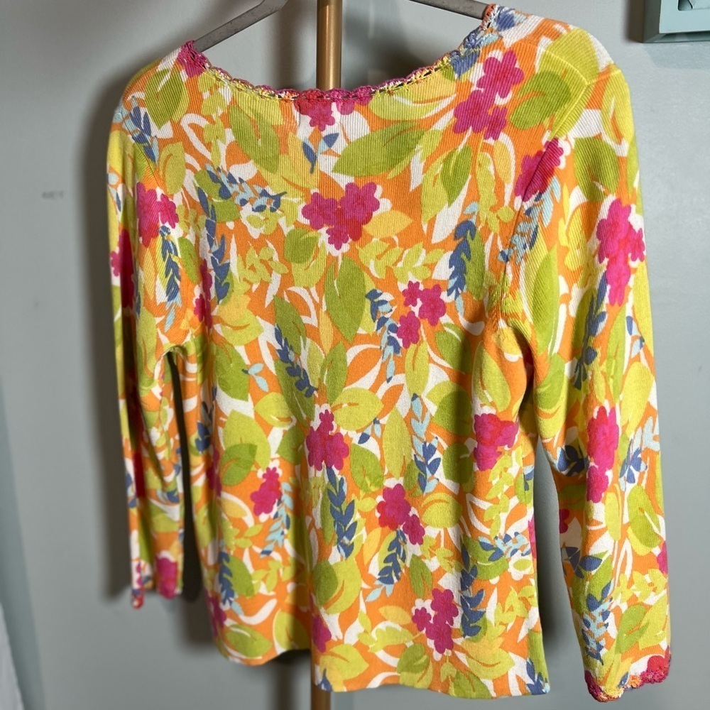 Sigrid Olsen Yellow Pink Tie Front 3/4 Sleeve Sweater - Picture 3 of 5